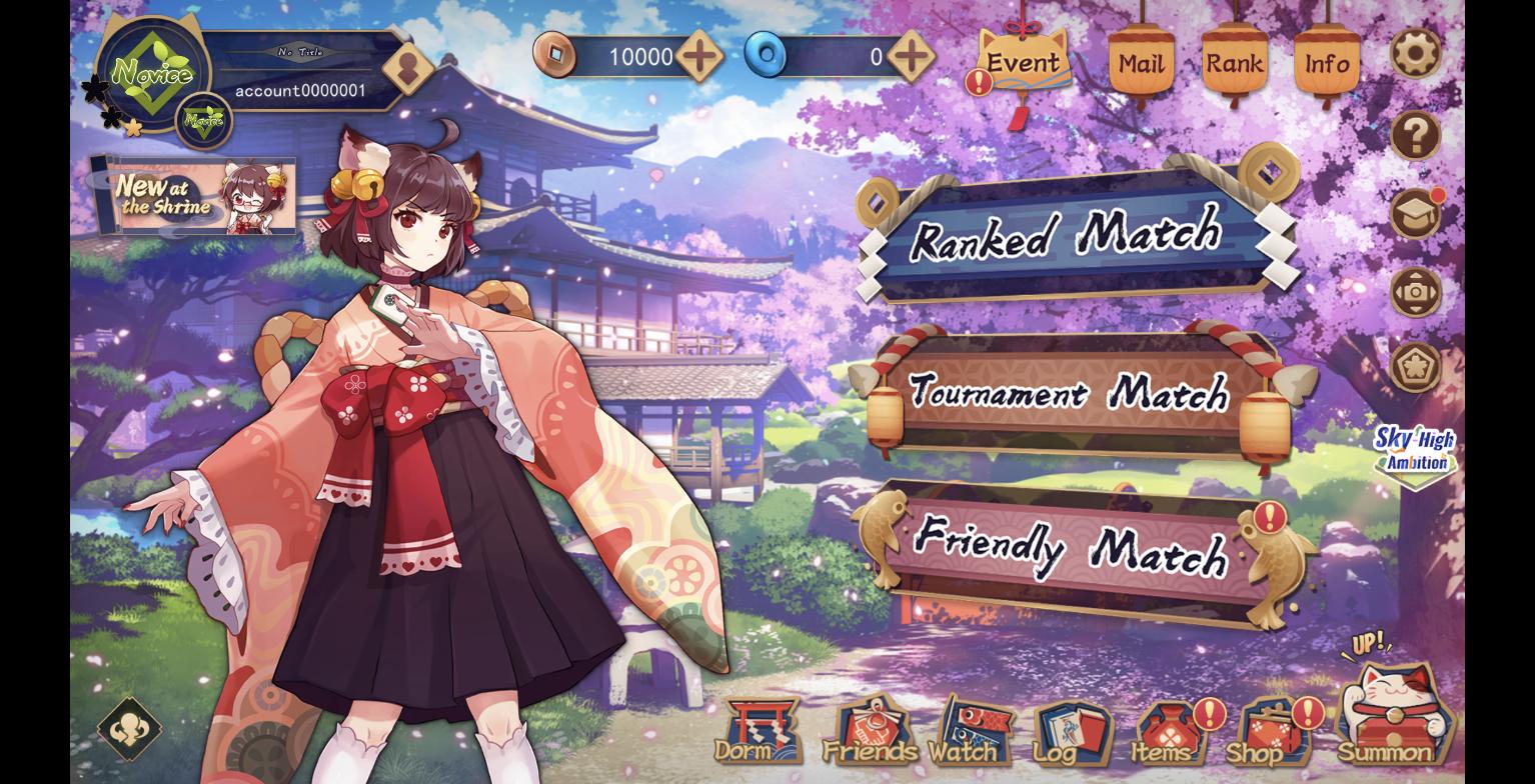 Mahjong Soul's main lobby showing the Ranked Match, Tournament Match, and Friendly Match mode buttons, with a Novice rank badge visible in the top-left corner