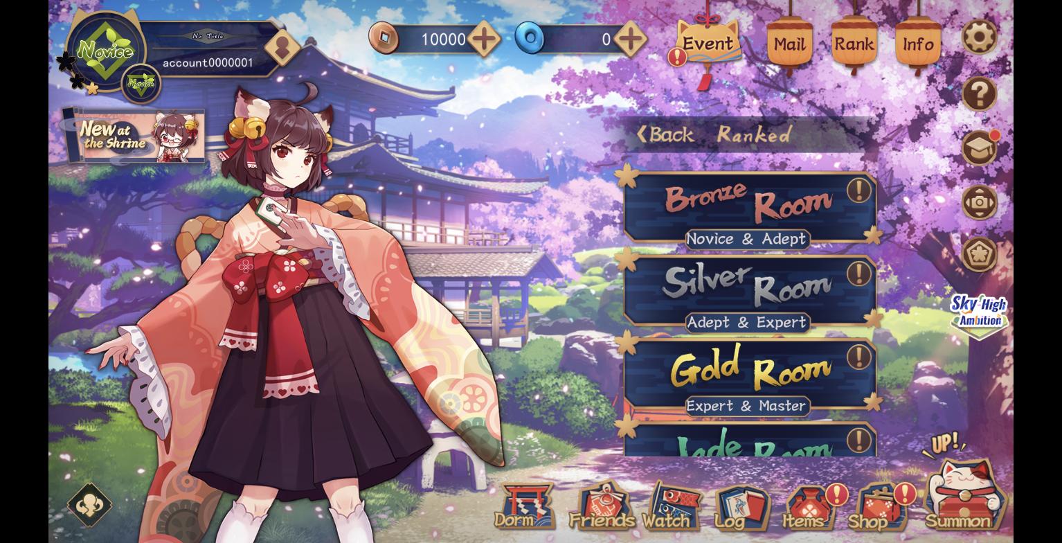 Mahjong Soul's Ranked room list, showing the Bronze Room (Novice & Adept), Silver Room (Adept & Expert), and Gold Room (Expert & Master)