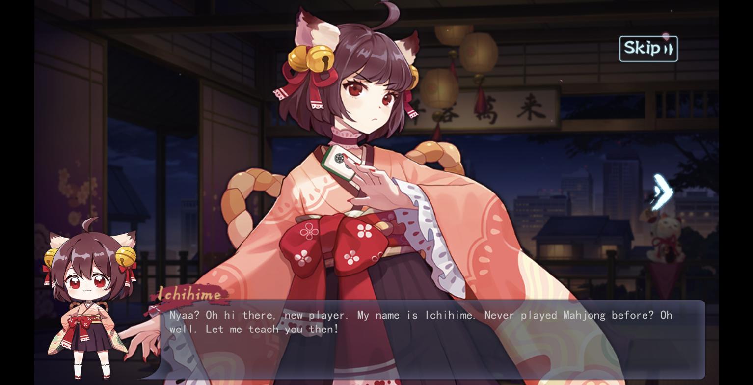 Mahjong Soul's tutorial introduction screen, with the character Ichihime welcoming a new player before walking them through the interface